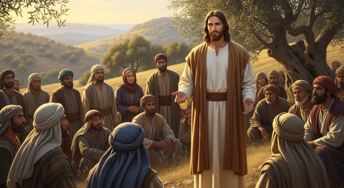 Jesus teaching parables to a diverse and attentive crowd on a Galilean hillside.