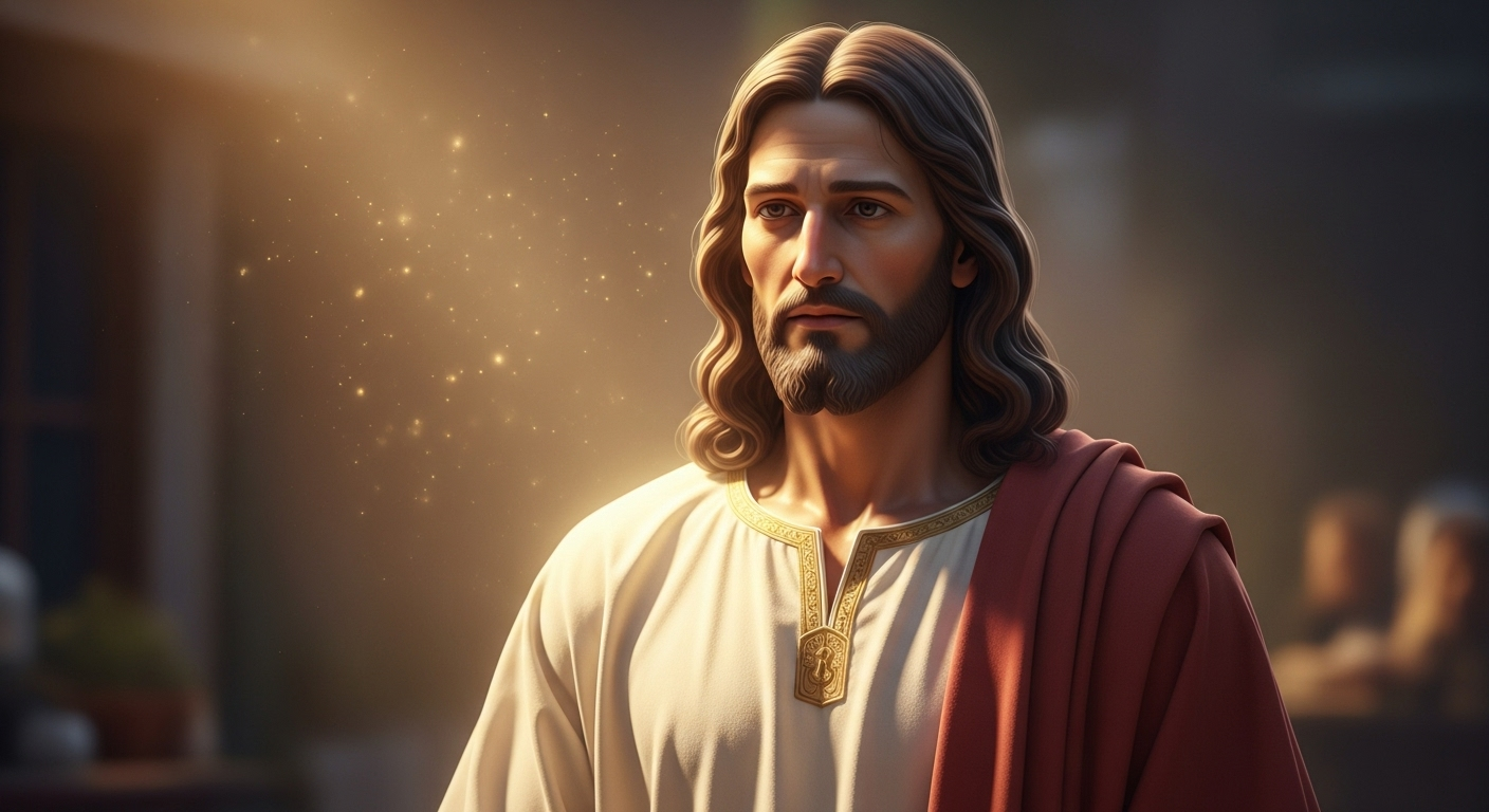 Jesus, with a compassionate expression, gently radiates a golden light, symbolizing his divine nature.