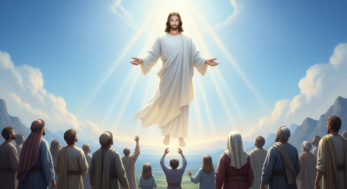 Jesus, with outstretched hands, descends from a bright sky, as people on the ground look up with joy and reverence.
