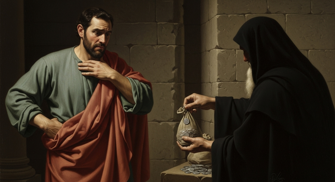 Judas Iscariot accepts a bag of silver coins from a temple official in a dimly lit room, symbolizing his betrayal.