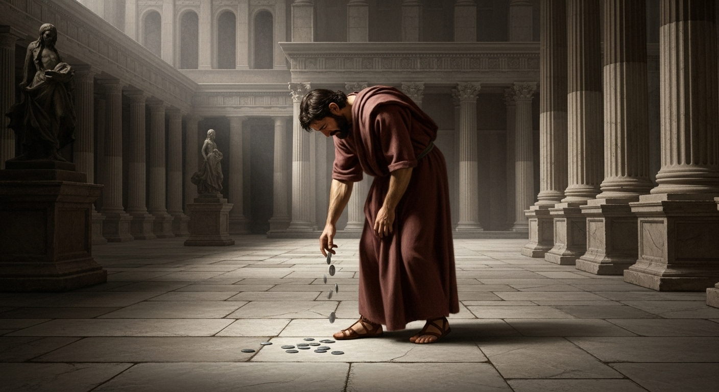 Judas Iscariot, filled with remorse, throws thirty pieces of silver onto the floor of the temple courtyard.