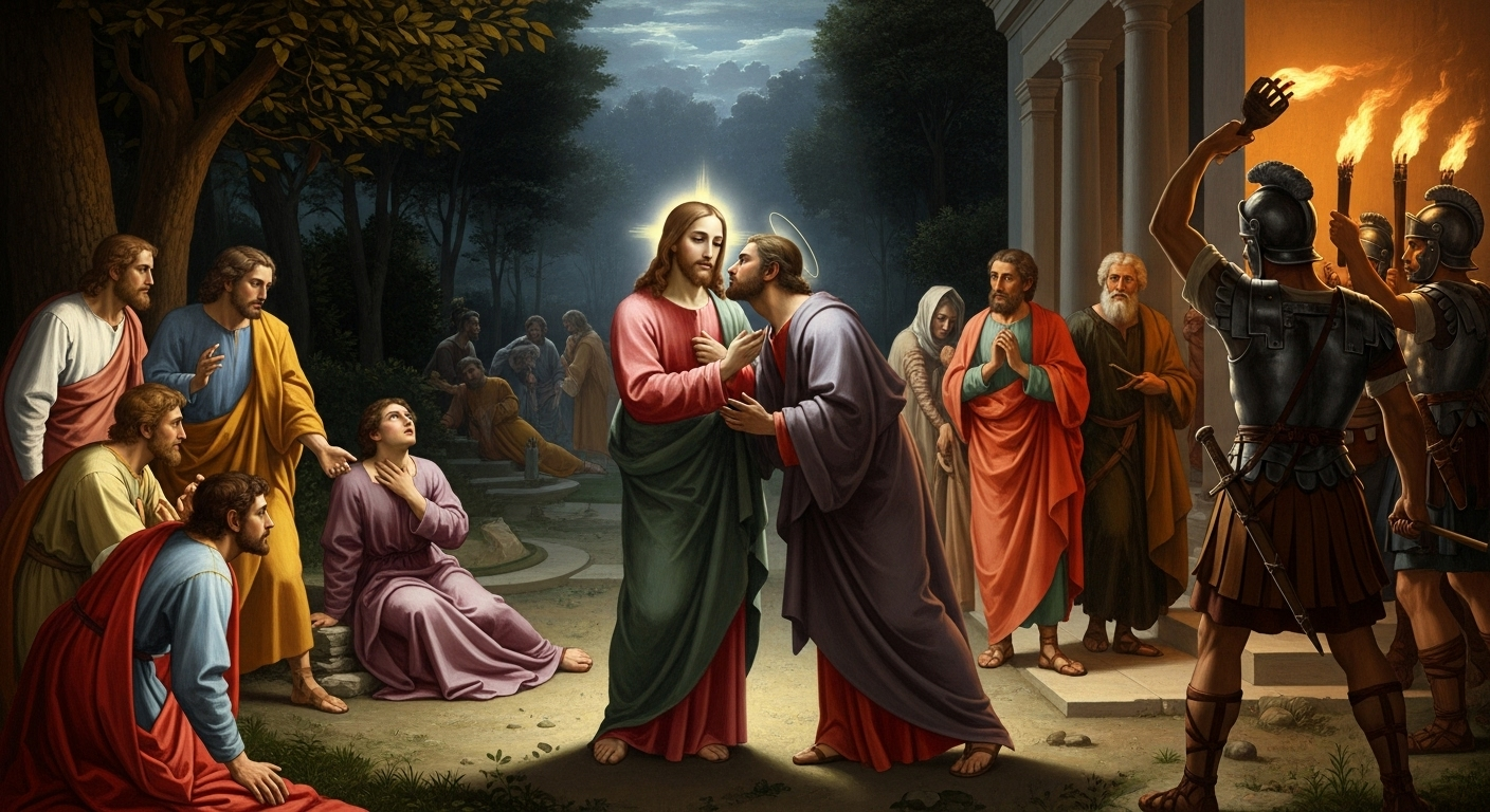 Judas Iscariot kisses Jesus in the Garden of Gethsemane as Roman soldiers and temple guards approach.
