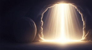 Radiant golden light emanating from an empty, subtly suggested ancient tomb entrance, symbolizing the resurrection and divine hope.