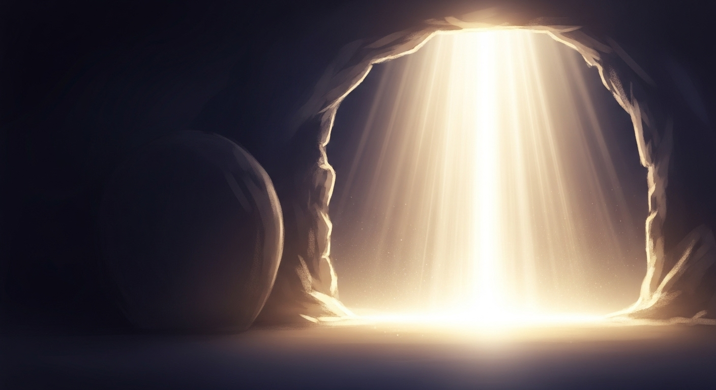 Radiant golden light emanating from an empty, subtly suggested ancient tomb entrance, symbolizing the resurrection and divine hope.