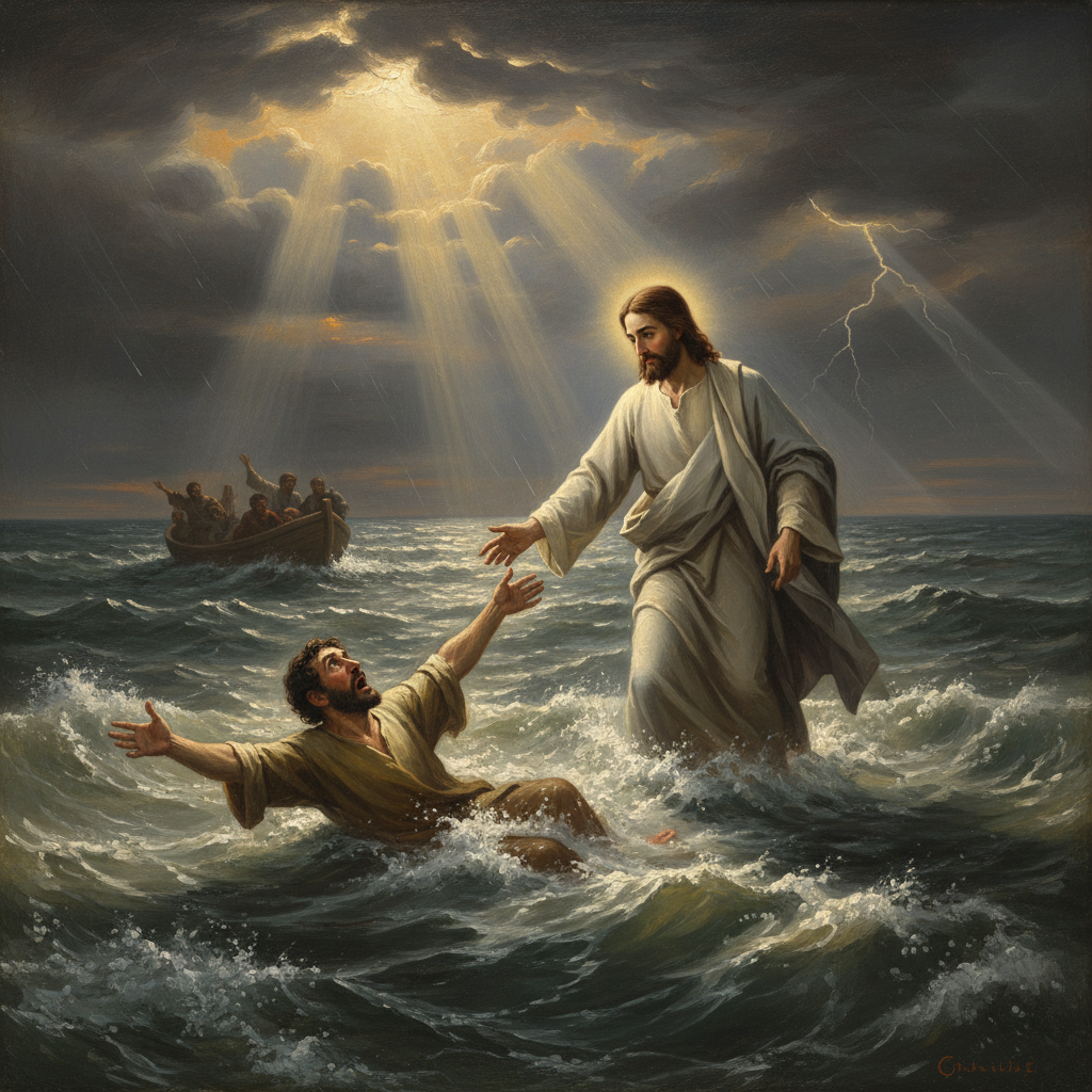 Simon Peter reaches for Jesus' hand as he begins to sink while walking on the stormy Sea of Galilee.