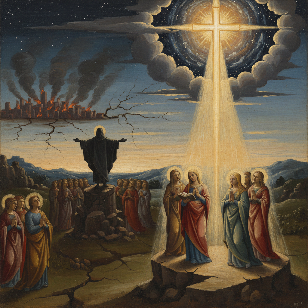 Symbolic depiction of end-time signs like earthquakes and war, with a radiant cross of hope shining through, emphasizing divine control.