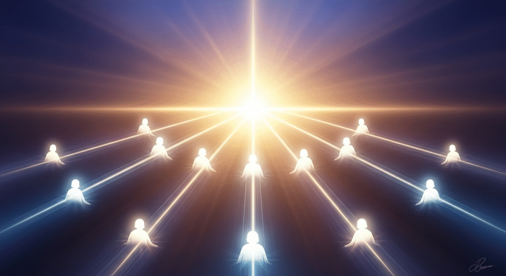 Symbolic digital painting showing twelve luminous streams of light emanating from a radiant central light, representing the disciples spreading Christ's message.