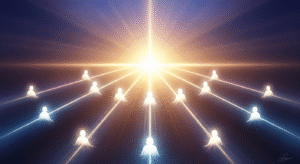 Symbolic digital painting showing twelve luminous streams of light emanating from a radiant central light, representing the disciples spreading Christ's message.