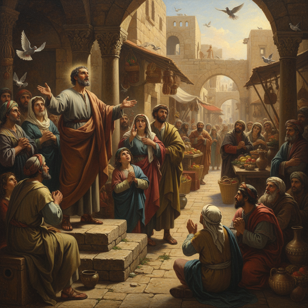 The Apostle Peter passionately preaches to a diverse crowd in an ancient Jerusalem marketplace.