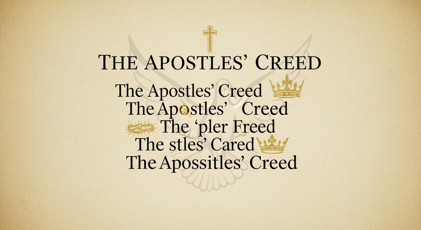 The complete text of the Apostles' Creed displayed on aged parchment, with subtle Christian symbols in the background.