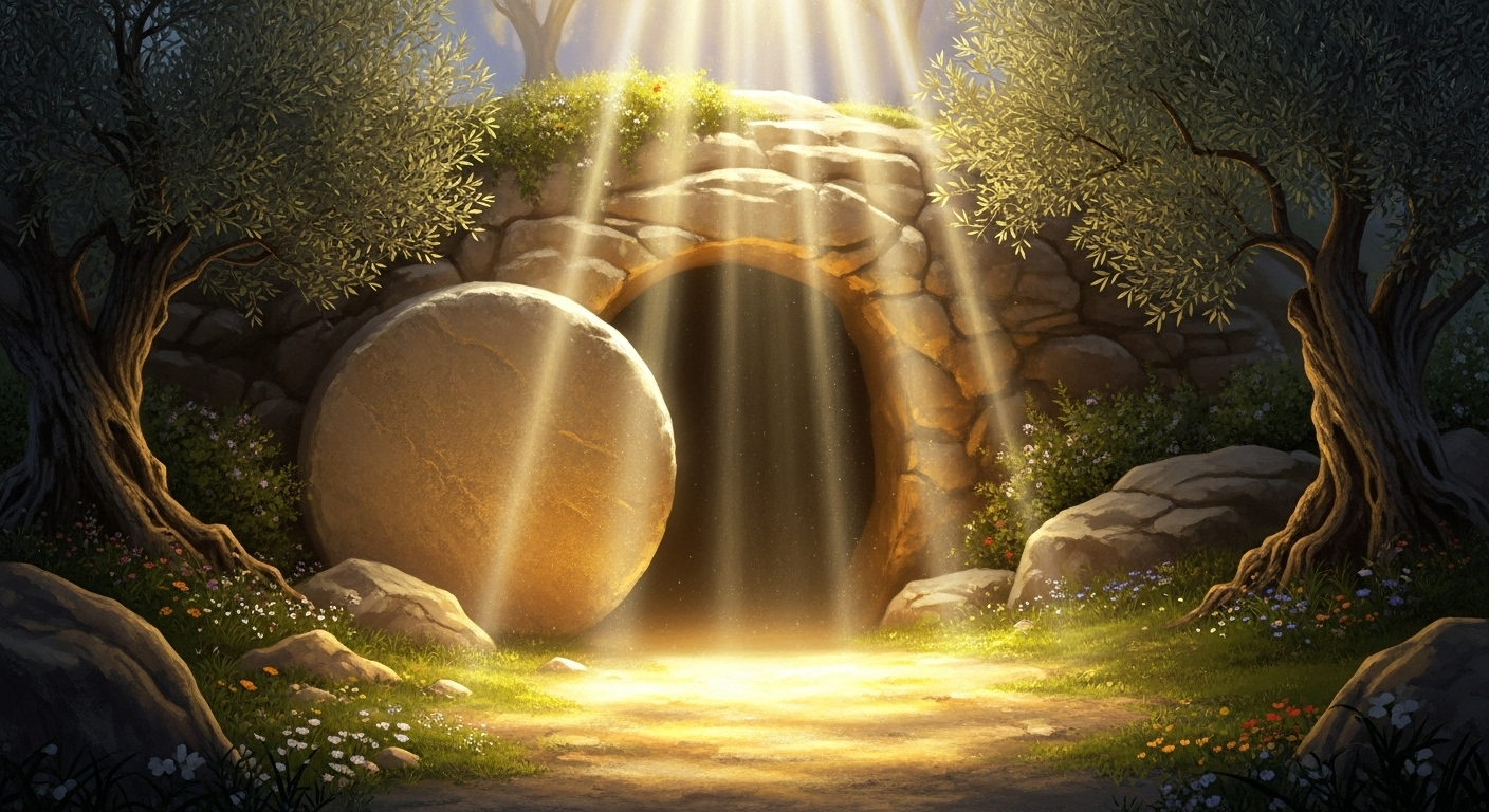 The empty tomb on Easter morning, with radiant golden light emanating from its entrance, symbolizing Christ's resurrection.