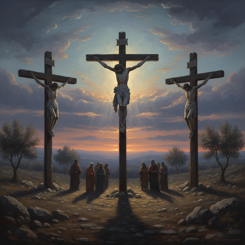 Three crosses stand on Calvary at twilight, symbolizing Christ's sacrifice.