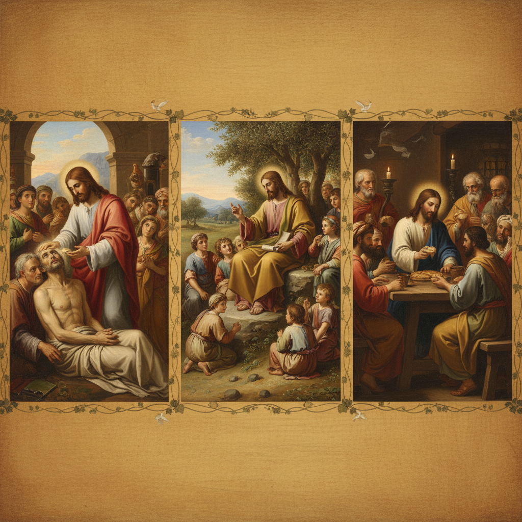 Three scenes depicting Jesus' love: healing the sick, teaching a group, and sharing a meal with disciples.