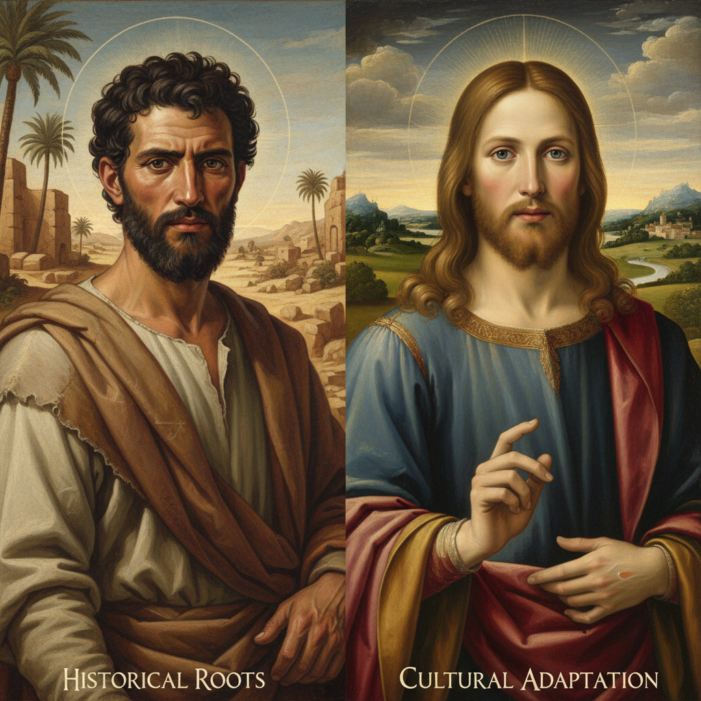 Visual comparison showing a historically-rooted Middle Eastern appearance contrasted with a classical European portrayal of Jesus from Western art history.