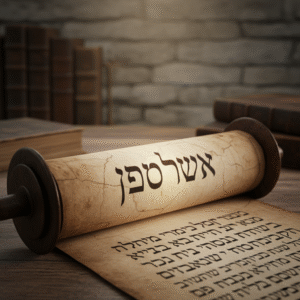 A close-up, photorealistic image of an ancient parchment scroll with the Hebrew name 'Yeshua' prominently displayed and softly illuminated.