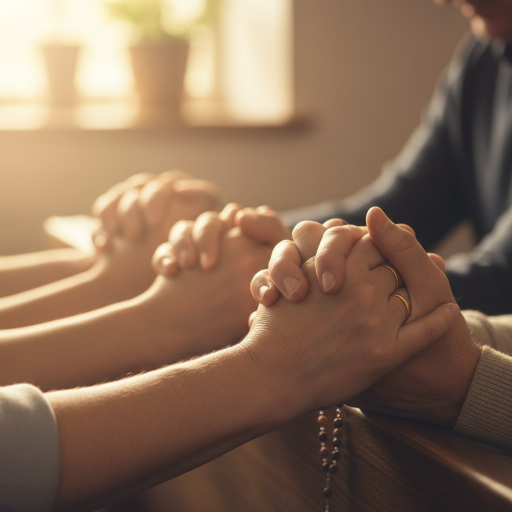 A close-up shot of hands clasped together in prayer, bathed in soft morning light, conveying deep spiritual devotion.
