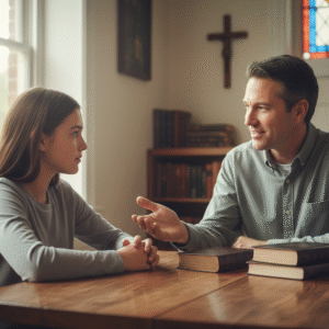 A compassionate adult Christian mentor engaging in spiritual guidance with a thoughtful teenager, a Bible resting between them, conveying faith formation.