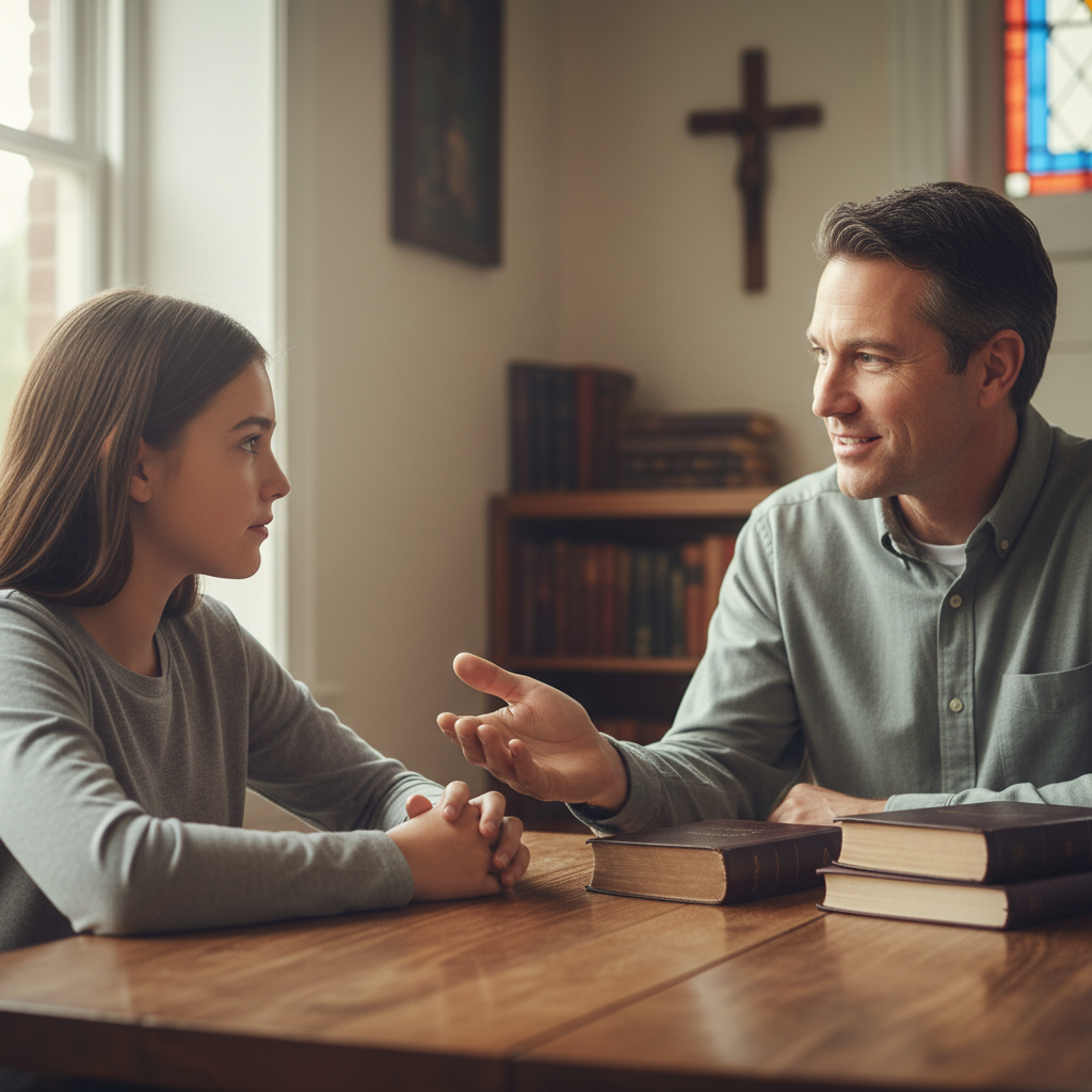 A compassionate adult Christian mentor engaging in spiritual guidance with a thoughtful teenager, a Bible resting between them, conveying faith formation.
