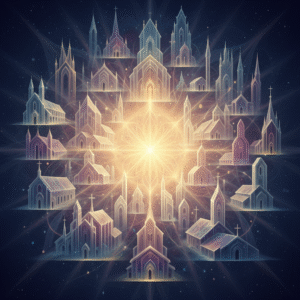 A conceptual digital painting showing diverse, ethereal architectural forms of Christian churches interconnected by glowing light, all radiating from a central golden luminescence, symbolizing Christ's unifying presence.