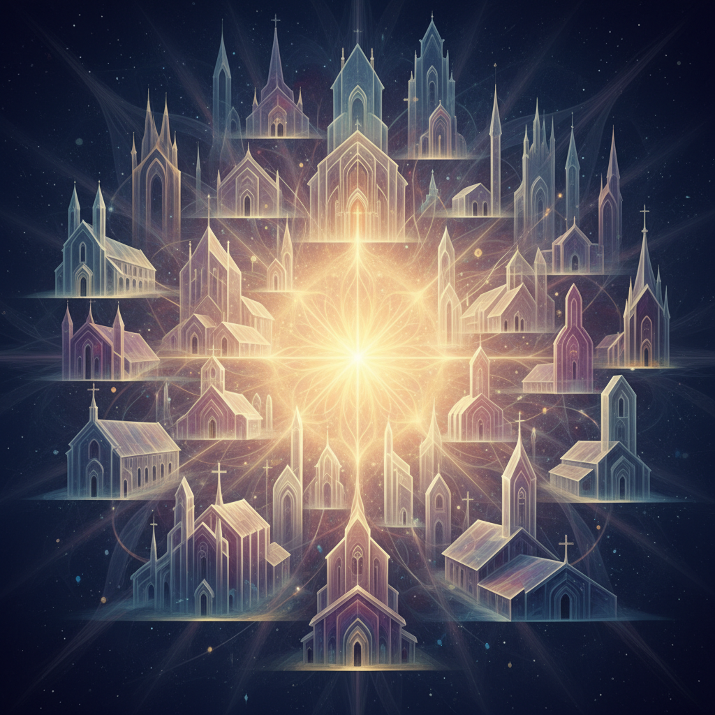 A conceptual digital painting showing diverse, ethereal architectural forms of Christian churches interconnected by glowing light, all radiating from a central golden luminescence, symbolizing Christ's unifying presence.