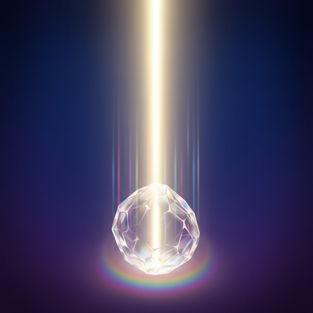 A conceptual image depicting a brilliant, golden-white beam of light, symbolizing the truth of Jesus Christ, passing clearly and unified through a translucent, faceted crystalline structure that represents the diverse interpretations of world religions, set against a spiritual blue-purple background.