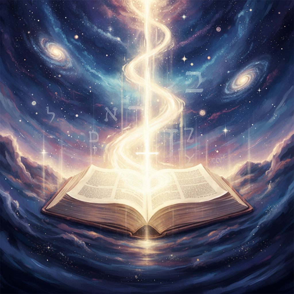 A conceptual image featuring an ancient, glowing open book, symbolizing the Bible, radiating warm, golden light that illuminates a profound, ethereal landscape, representing divine truth and essential guidance.