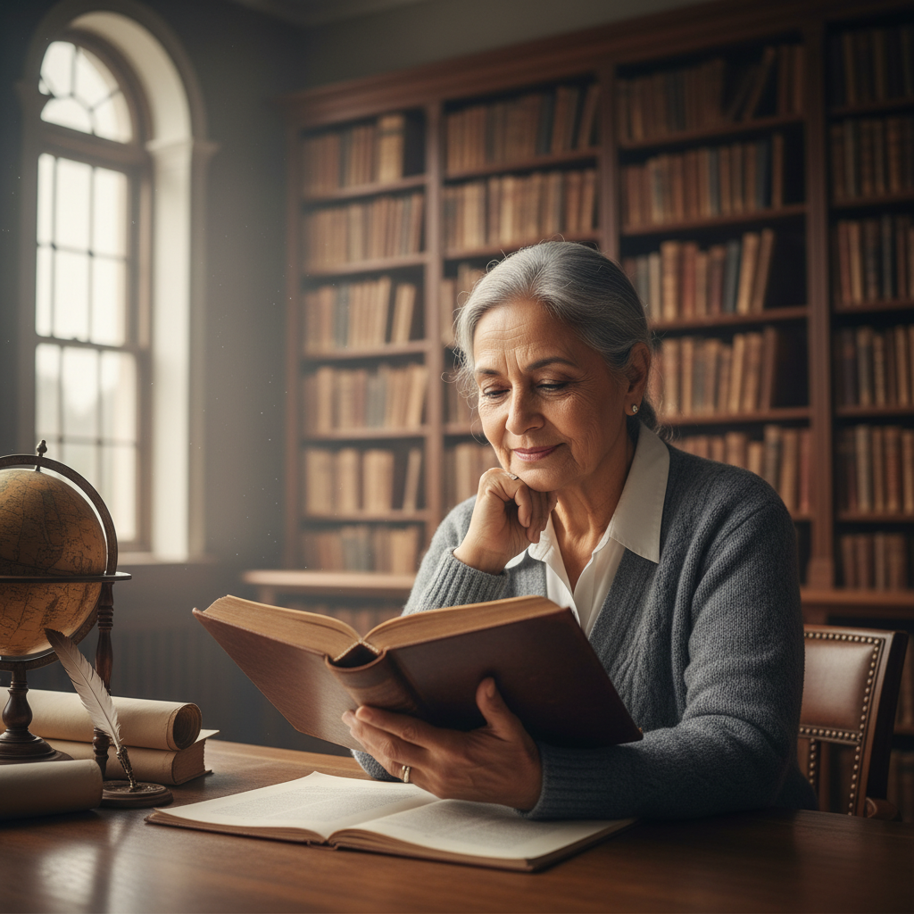 A contemplative individual studying an ancient book in a serene library, conveying deep wisdom and spiritual reflection.