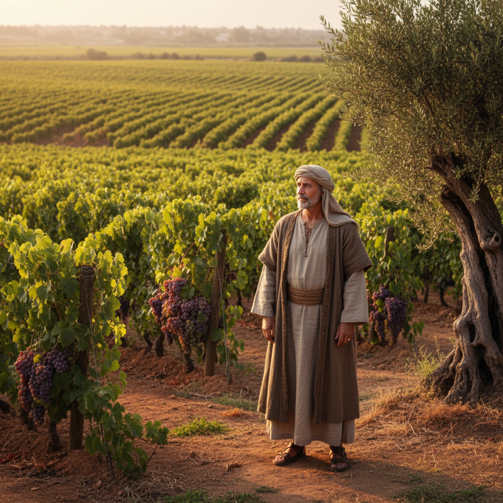 A dignified man in ancient Judean attire thoughtfully overlooks a vibrant, well-tended vineyard.