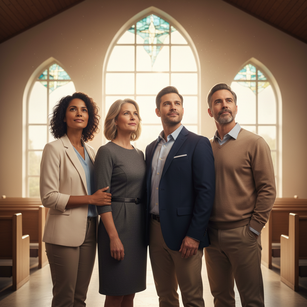 A diverse group of people looking up with expressions of hope and quiet joy in a well-lit spiritual setting.