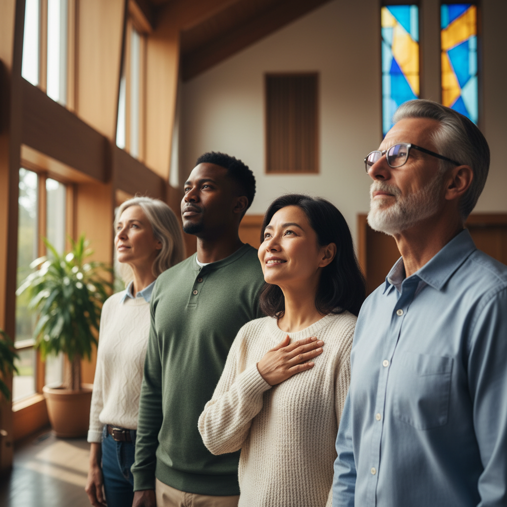 A diverse group of people with reverent and peaceful expressions, looking upwards in a modern, warmly lit community space.