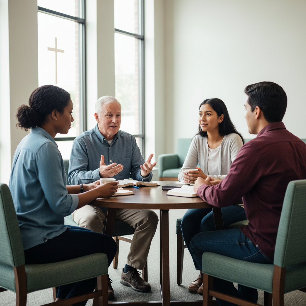 A diverse group of professionals engaged in a supportive, thoughtful discussion.