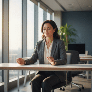 A diverse woman in a professional office setting, quietly reflecting or praying by a window in the morning light.