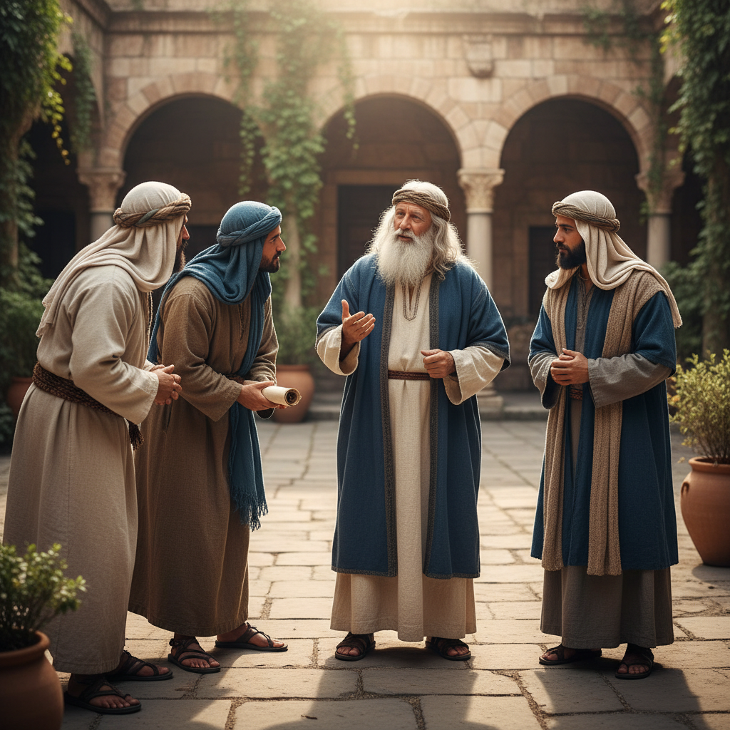 A group of men in ancient Judean attire engaged in serious theological discussion in a sunlit courtyard.