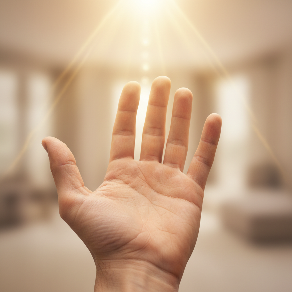 A hand reaching towards a radiant, soft golden light, symbolizing hope and divine clarity.