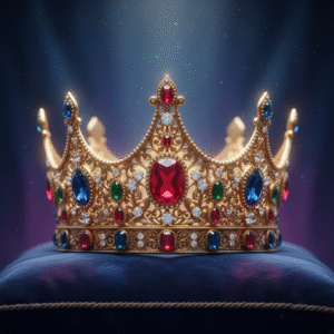 A majestic golden crown, illuminated by radiant light against a royal blue and purple background, symbolizing divine authority and eternal reign.