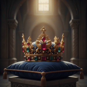A majestic golden crown on a velvet cushion, bathed in golden light, symbolizing divine kingship and spiritual authority.