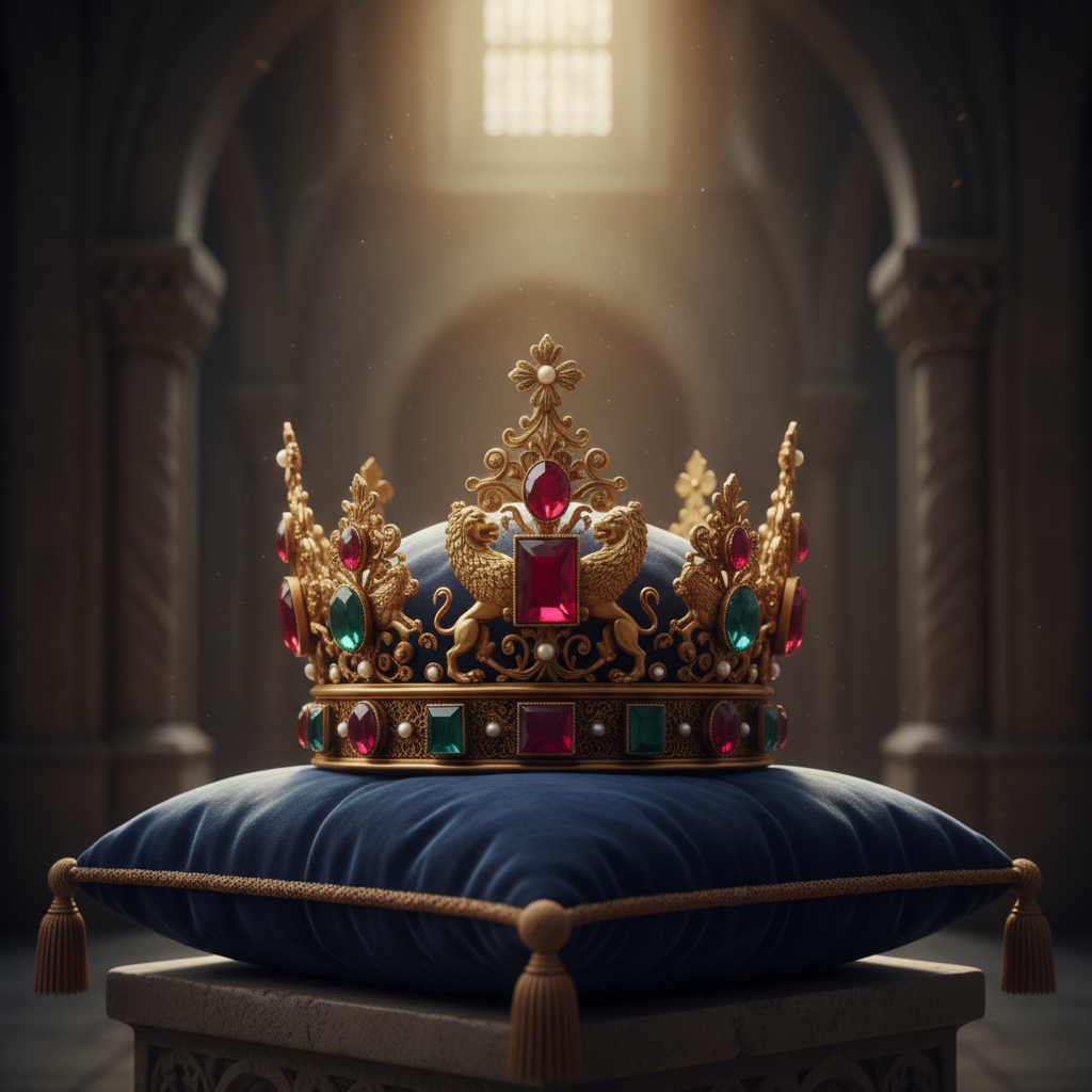 A majestic golden crown on a velvet cushion, bathed in golden light, symbolizing divine kingship and spiritual authority.