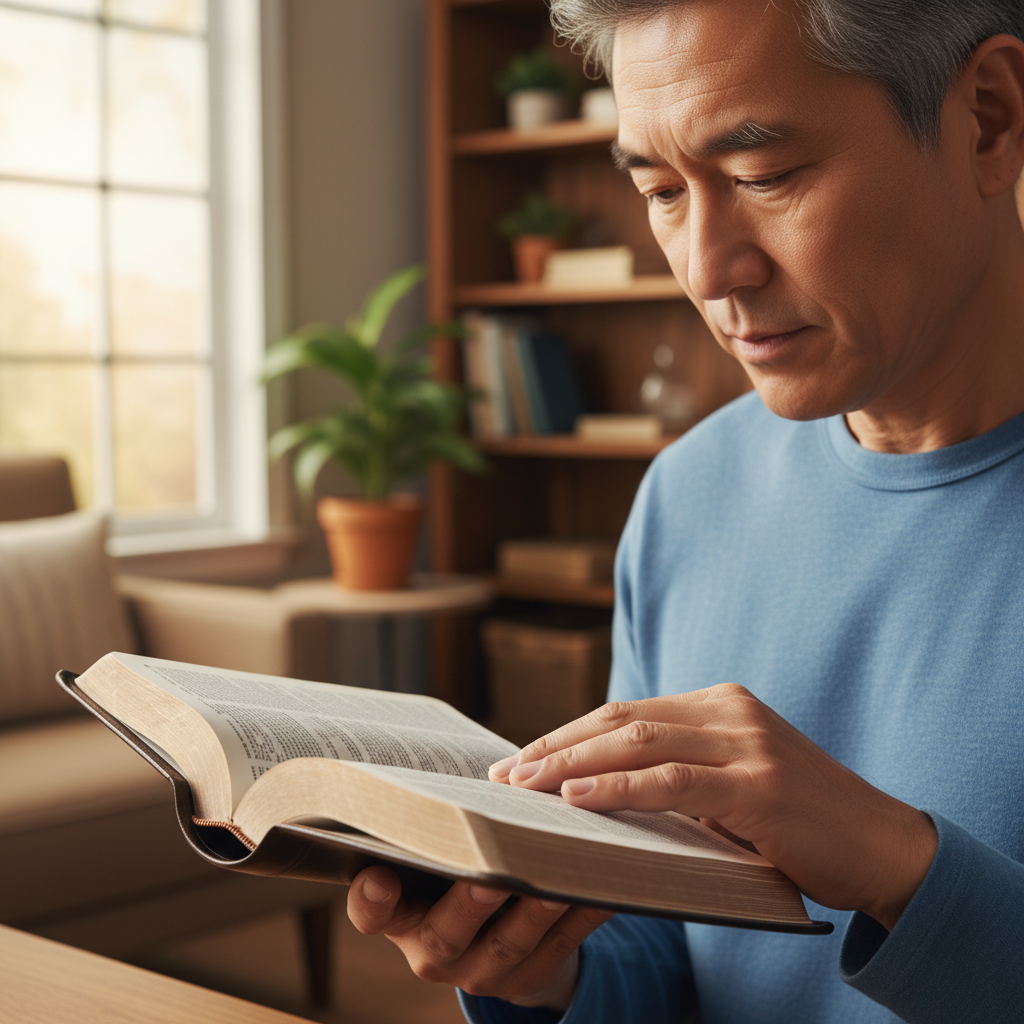 A man with a thoughtful expression reads an open Bible in a warmly lit room.