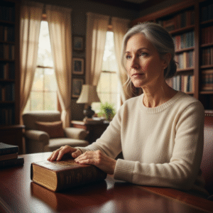 A mature individual contemplating a Bible in a quiet, reverent study, conveying deep spiritual inquiry.