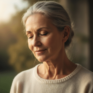 A mature individual with eyes gently closed, reflecting serene contemplation, deep faith, and inner peace, softly illuminated.
