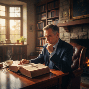 A mature, thoughtful individual deeply engaged in studying a revered book, symbolizing the pursuit of divine wisdom and understanding of Jesus' authority.