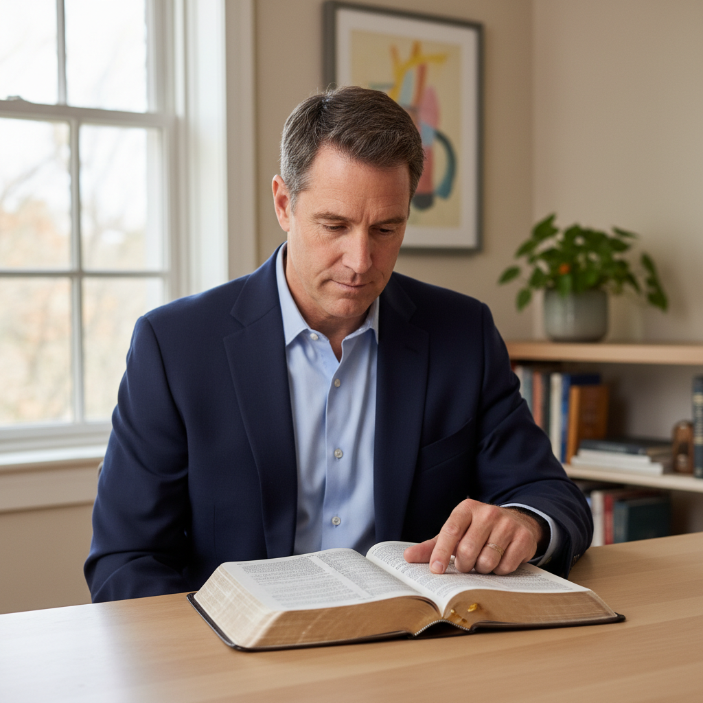 A person in quiet contemplation, reading an open Bible on a desk.