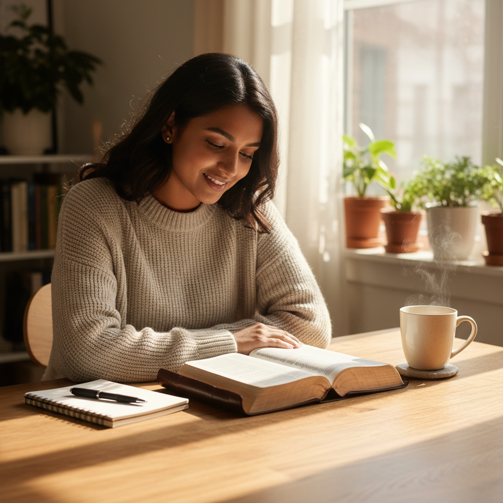 A person reading an open Bible and holding a journal at a table in the gentle light of morning, demonstrating morning devotion.