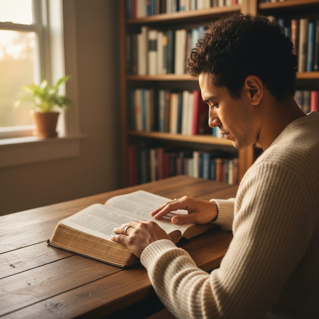 A person's hands resting on an open Bible in a quiet, sunlit study, symbolizing spiritual growth and scripture study.