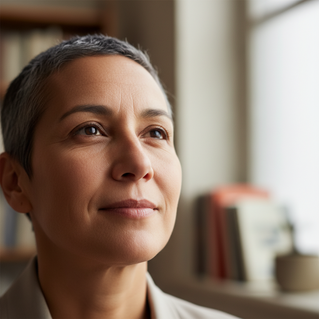 A person with a serene and reflective expression, looking upwards.