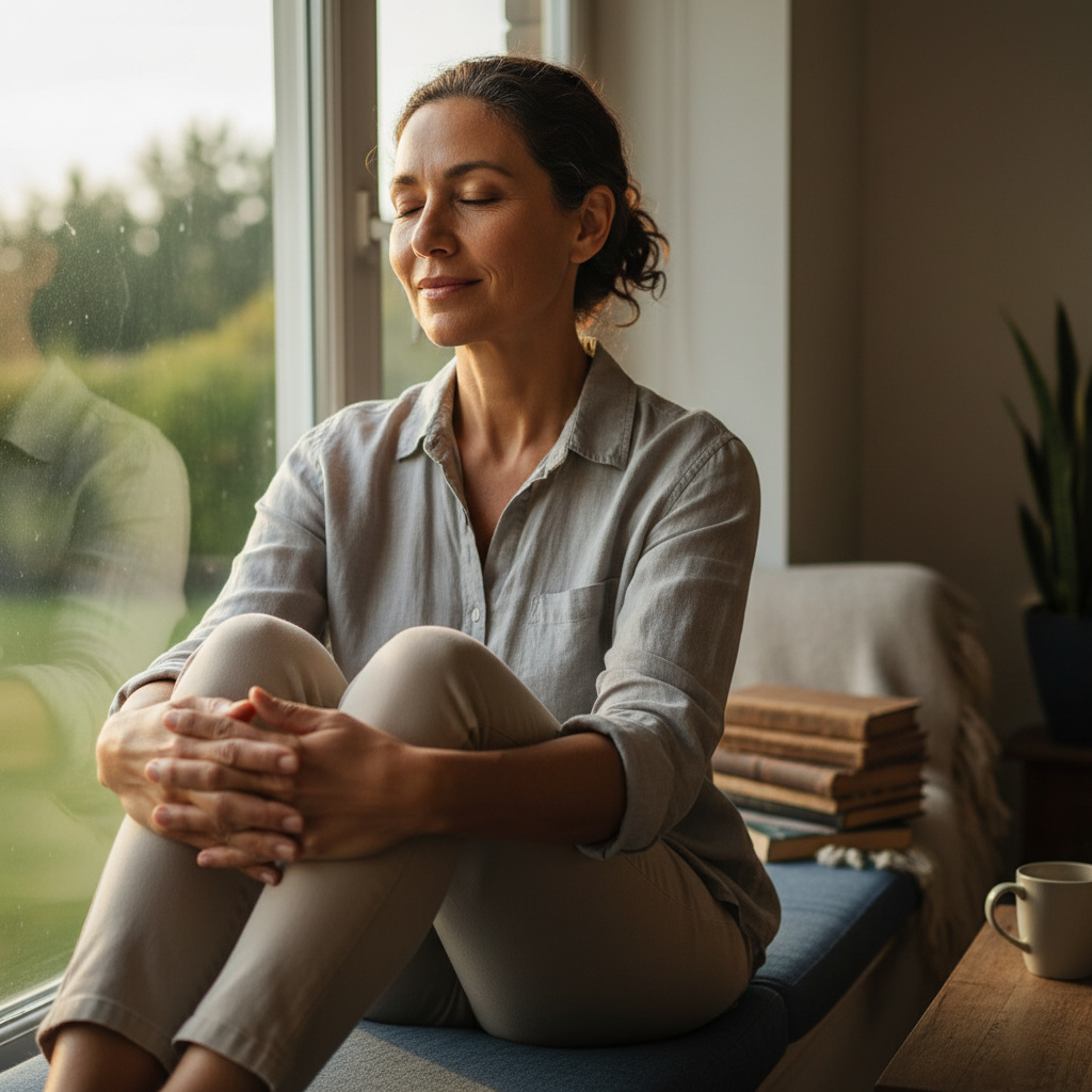 A person with a serene expression, bathed in warm morning light, with hands clasped in contemplation, symbolizing a quiet spiritual moment.
