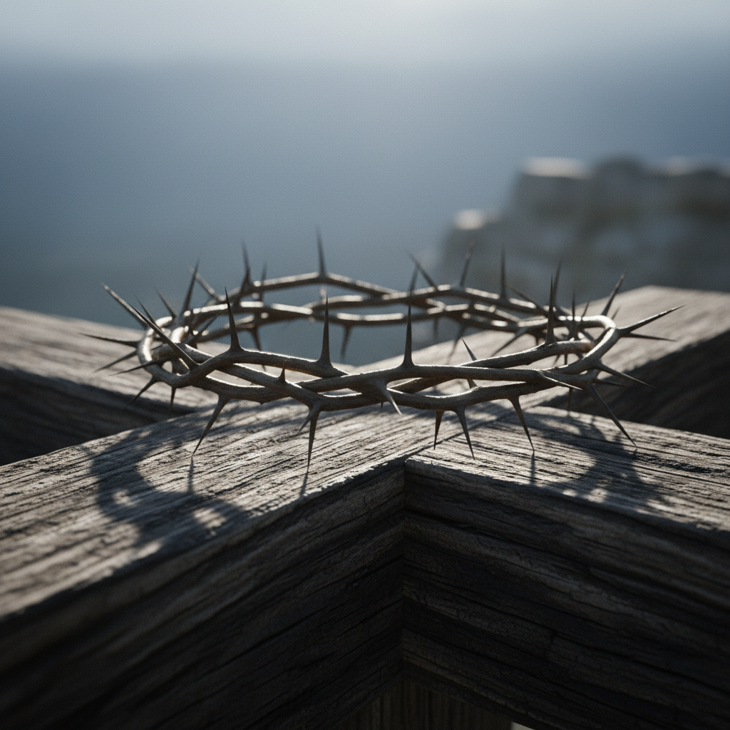 A photorealistic image of a crown of thorns resting on a wooden crossbar, symbolizing the sacrifice and kingship of Jesus Christ.