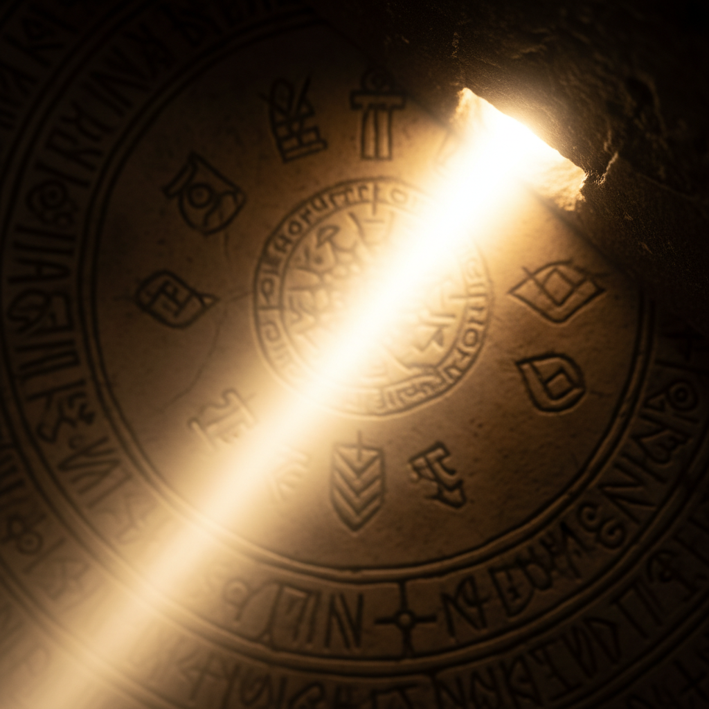 A powerful beam of golden-white light breaking through deep shadows, symbolizing divine truth and resurrection.