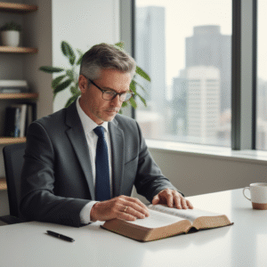 A professional individual thoughtfully studies an open Bible at a modern office desk, reflecting on its meaning.