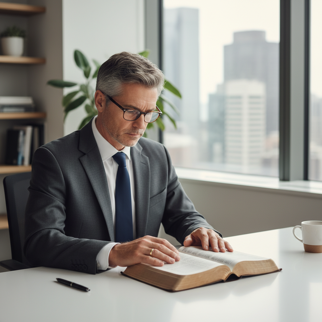 A professional individual thoughtfully studies an open Bible at a modern office desk, reflecting on its meaning.